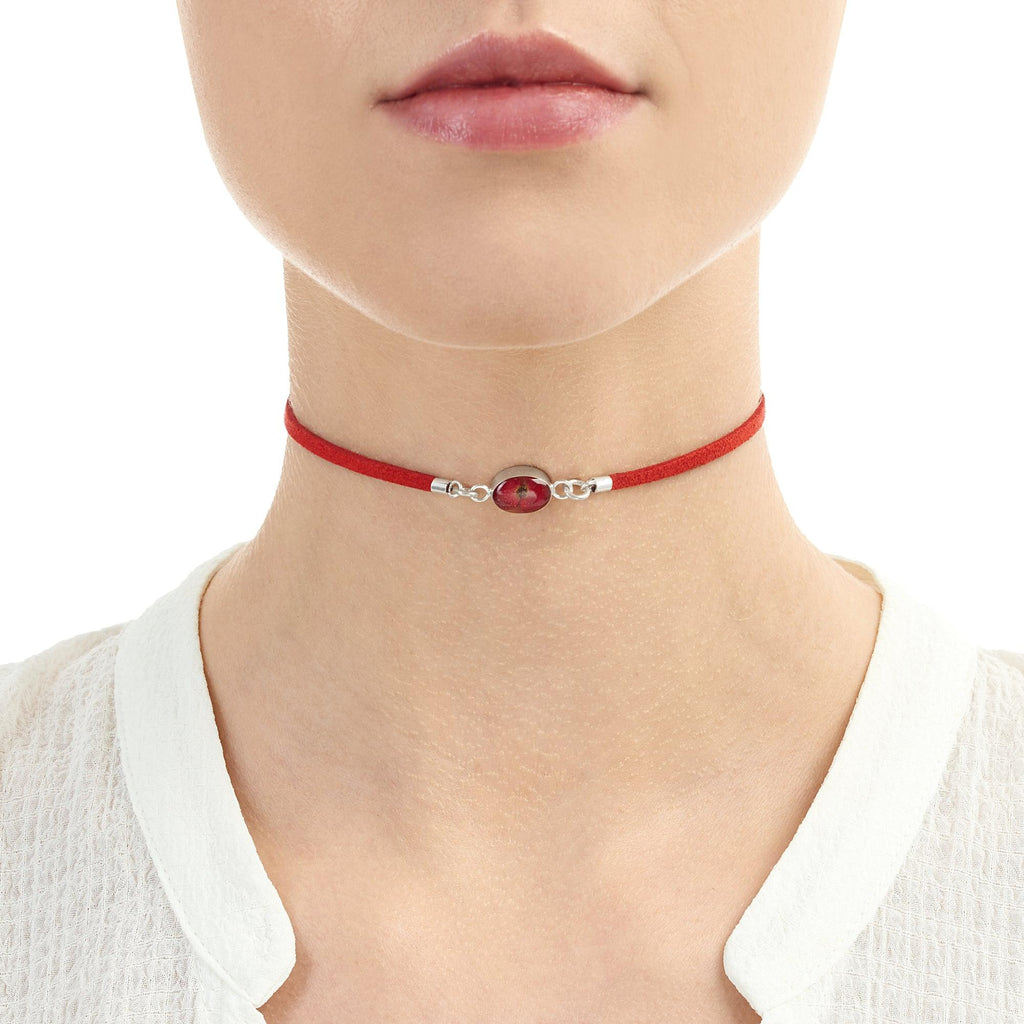 Shrieking Violet Funky Choker Necklace - Red 'Vegan suede' strap - Poppy - Oval - Perfect gift for teacher - Sterling silver - One size
