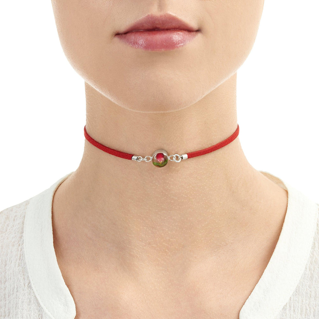 Shrieking Violet Funky Choker Necklace - Red 'Vegan suede' strap - Rose - Round - Perfect gift for teacher - Sterling silver - One size