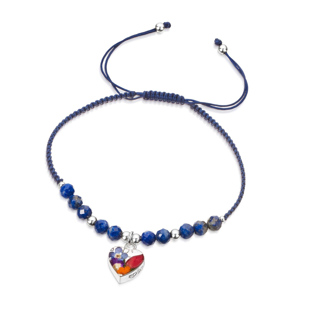 Shrieking Violet Gemstone Bracelet - Dark Blue bracelet with Lapis Lazuli beads - Sterling silver heart with real flowers - One size