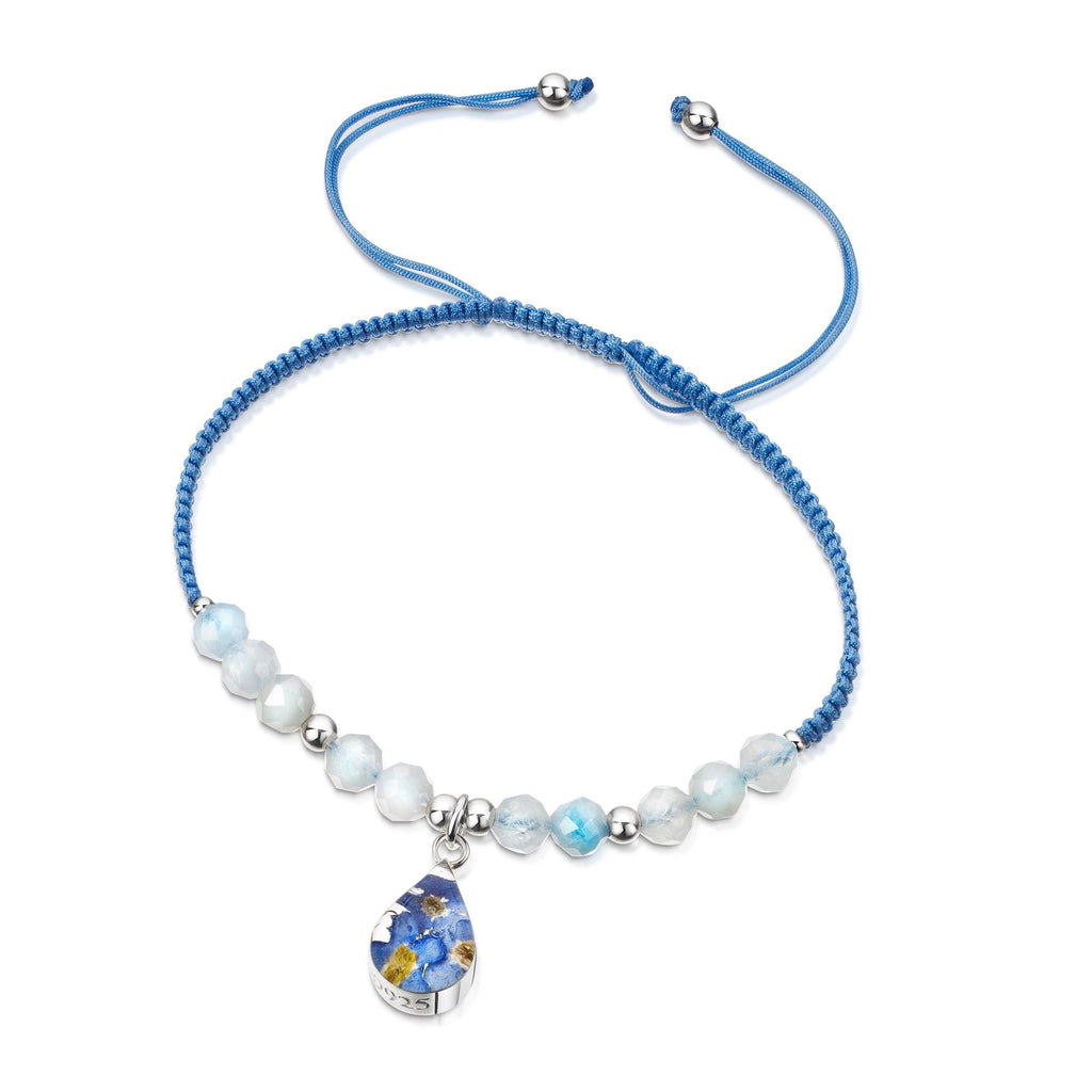 Shrieking Violet Gemstone Bracelet - Light Blue bracelet with Aquamarine beads - Sterling silver teardrop handmade with real forget-me-nots - One size
