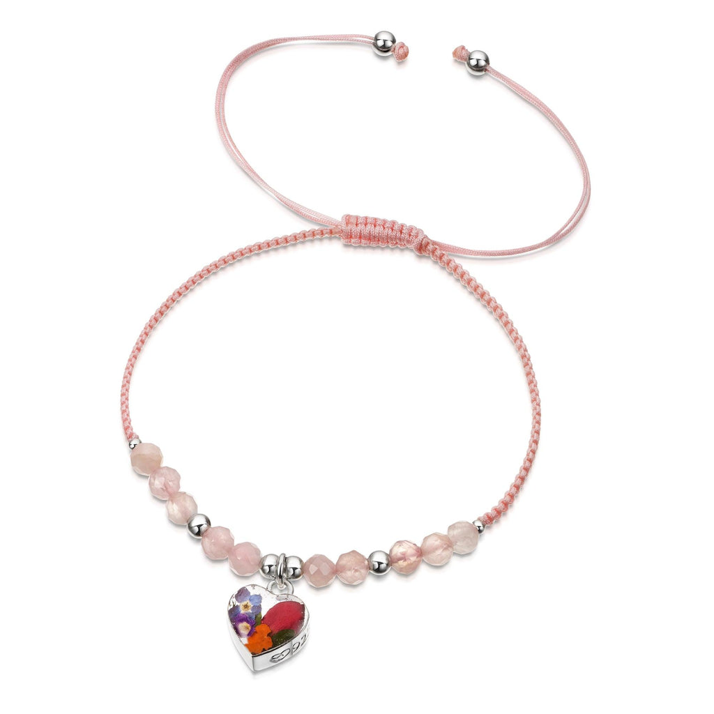 Shrieking Violet Gemstone Bracelet - Pink bracelet with Rose Quartz beads- Sterling silver heart with real flowers - One size