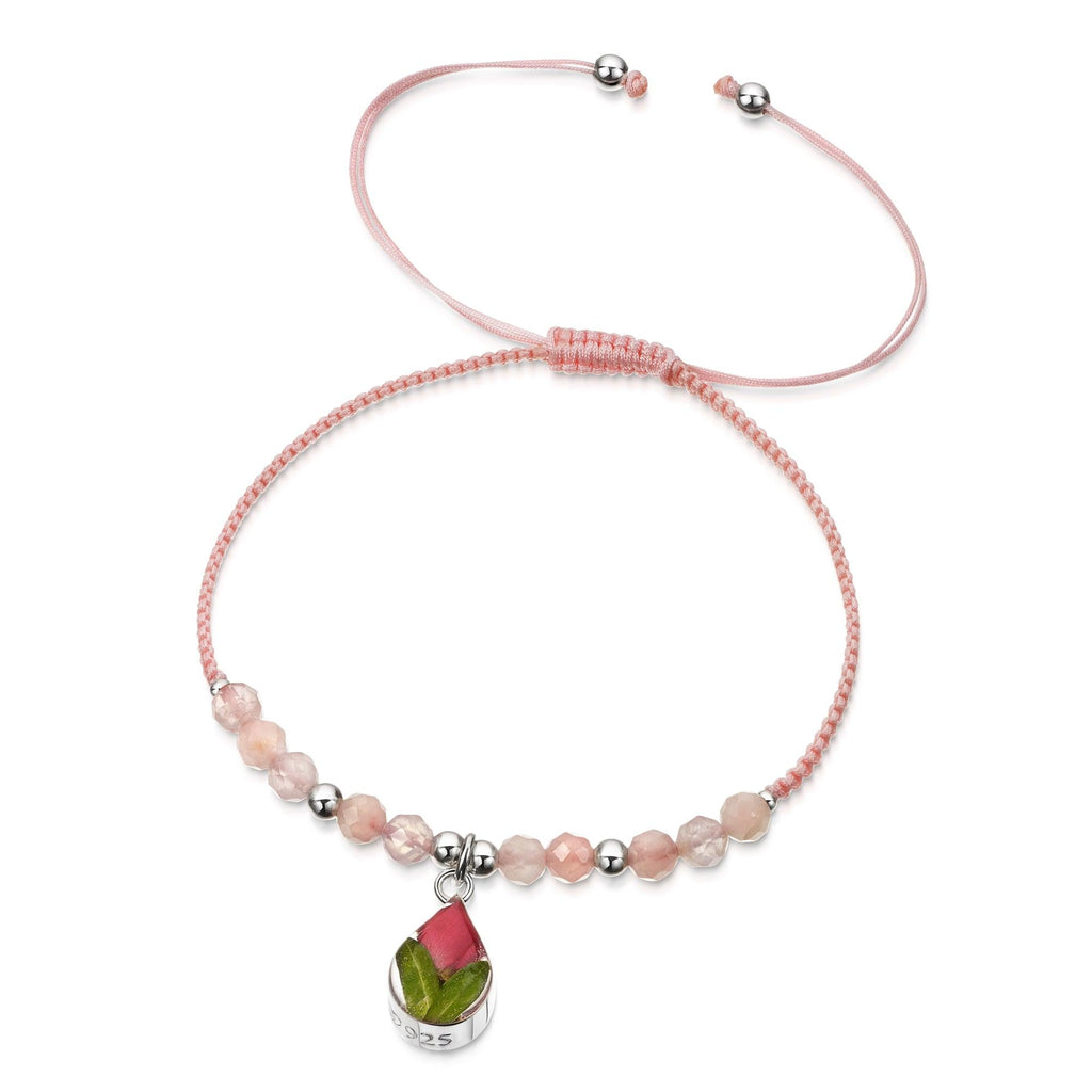 Shrieking Violet Gemstone Bracelet - Pink bracelet with Rose Quartz beads - Sterling silver teardrop charm with a real miniature rose - One size