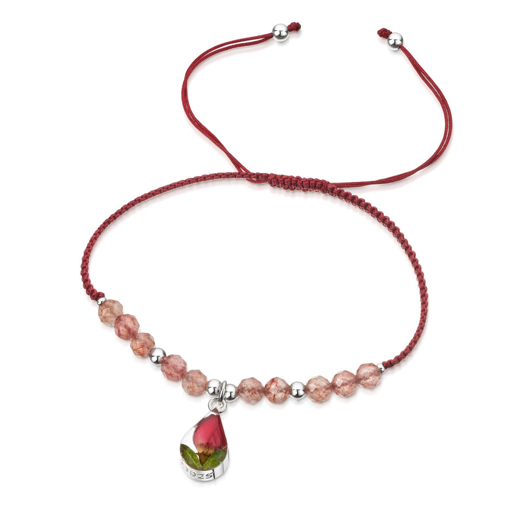 Shrieking Violet Gemstone Bracelet - Red nylon bracelet with garnet beads - Sterling silver teardrop charm with a real miniature rose - One size