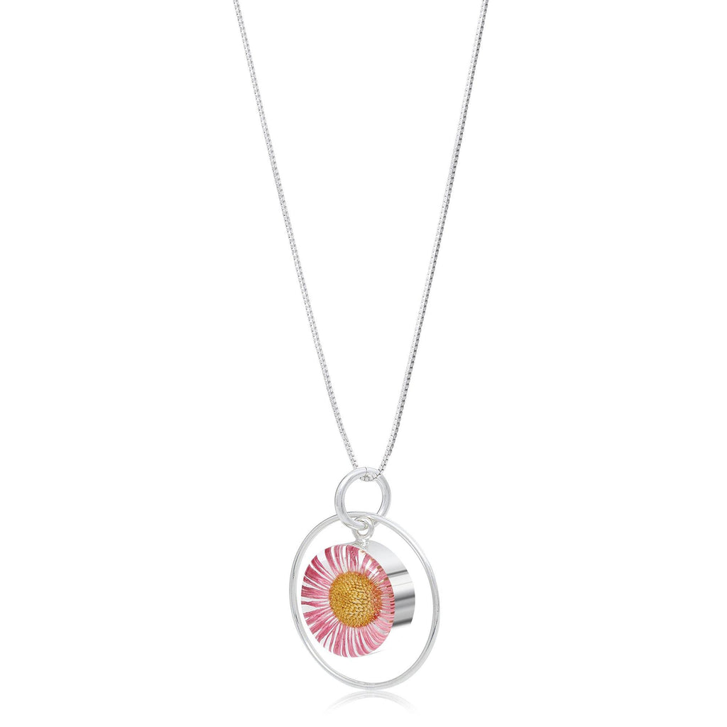 Silver Pendant - Daisy Pink - with Silver Round Surround