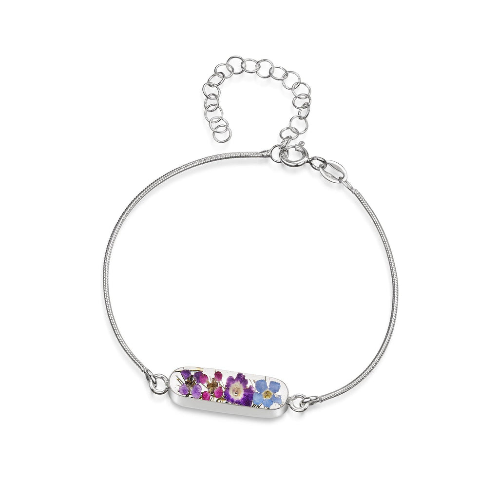 Sterling silver anti tarnish snake bracelet with flower charm - Purple Haze -Oval