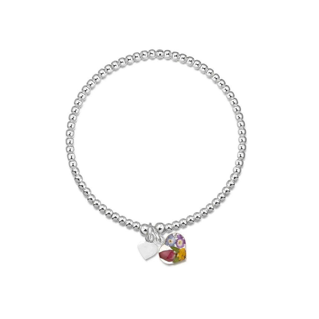 Sterling silver beaded elasticated bracelet - Handmade real flower charm - Sterling silver heart charm