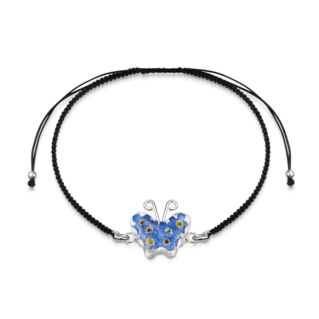 Sterling Silver black woven bracelet with flower charm - Forget-me-not - Butterfly