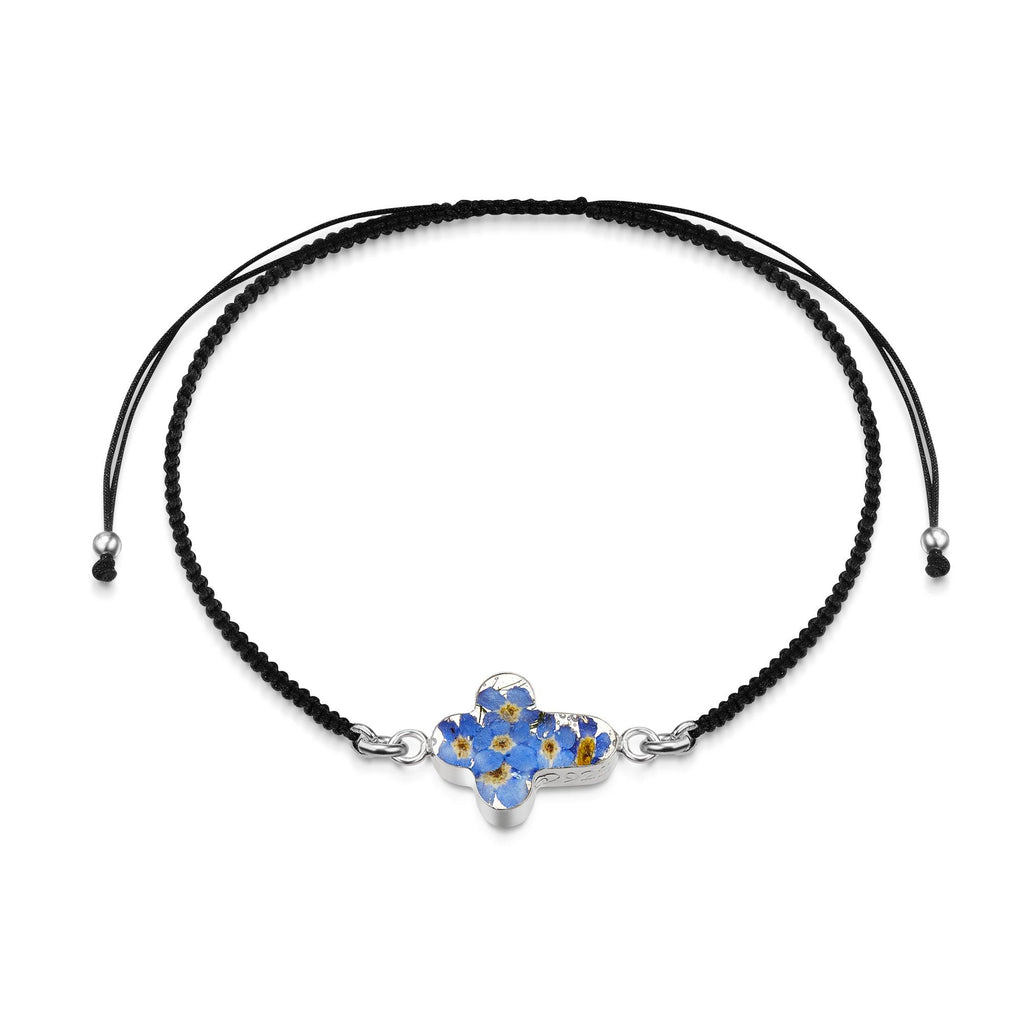 Sterling Silver black woven bracelet with flower charm - Forget-me-not - Cross