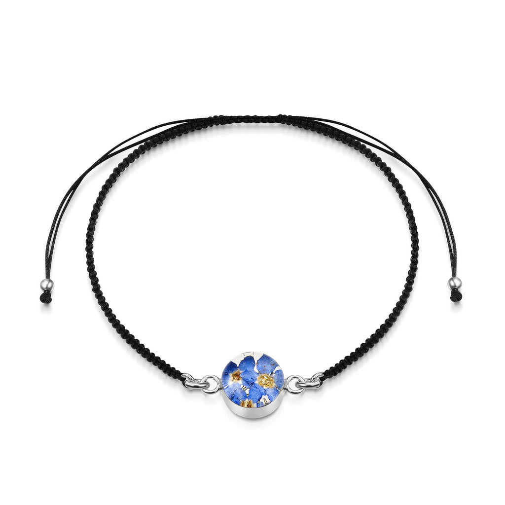 Sterling Silver black woven bracelet with flower charm - Forget-me-not - Round
