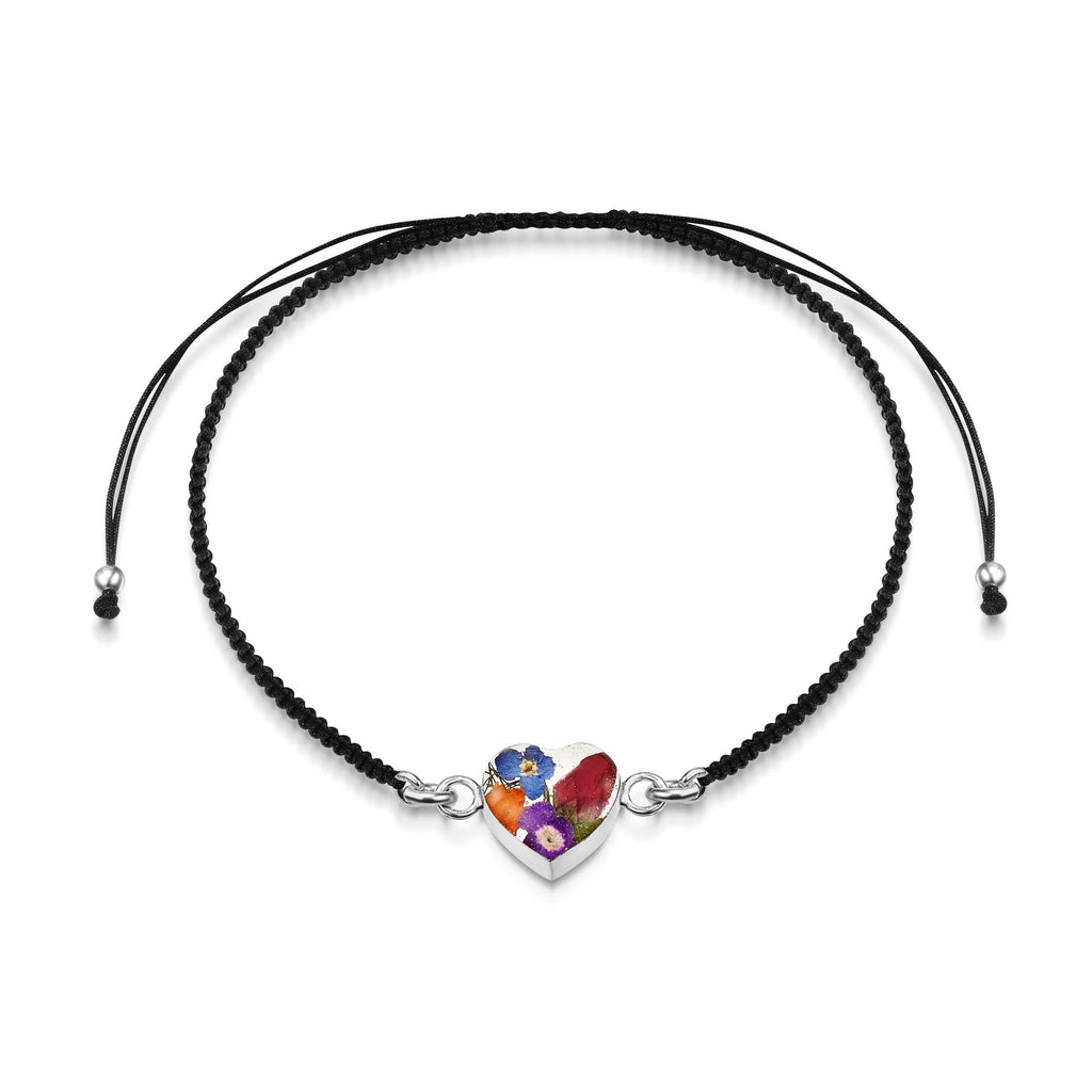 Sterling Silver black woven bracelet with flower charm - Mixed flower - Heart