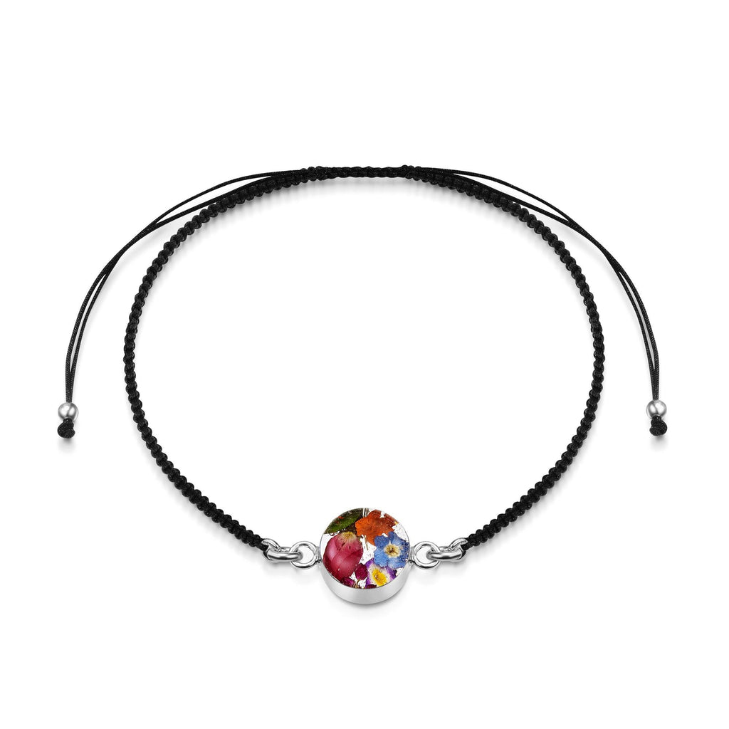Sterling Silver black woven bracelet with flower charm - Mixed flower - Round