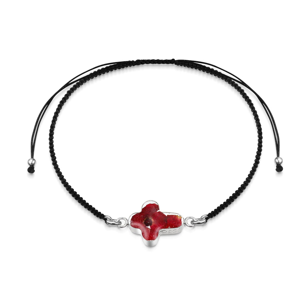 Sterling Silver black woven bracelet with flower charm - Poppy - Cross
