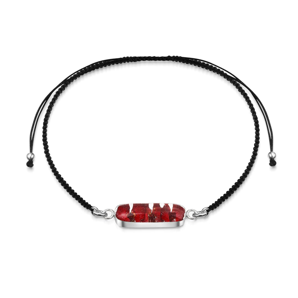 Sterling Silver black woven bracelet with flower charm - Poppy - Oval