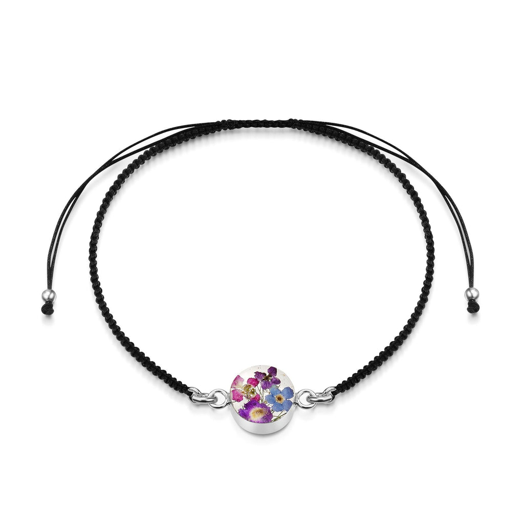 Sterling Silver black woven bracelet with flower charm - Purple Haze - Round