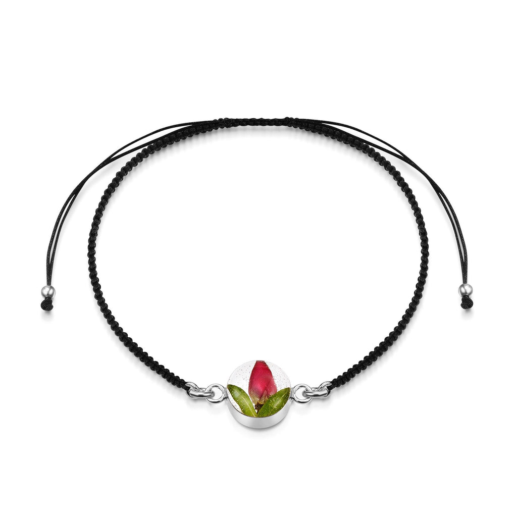 Sterling Silver black woven bracelet with flower charm - Rose - Round