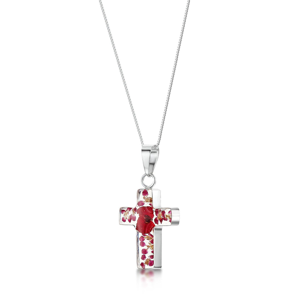 Sterling Silver cross necklace handmade with real flowers by Shrieking Violet - Bohemia collection - Poppy & Rose - Cross pendant with chain
