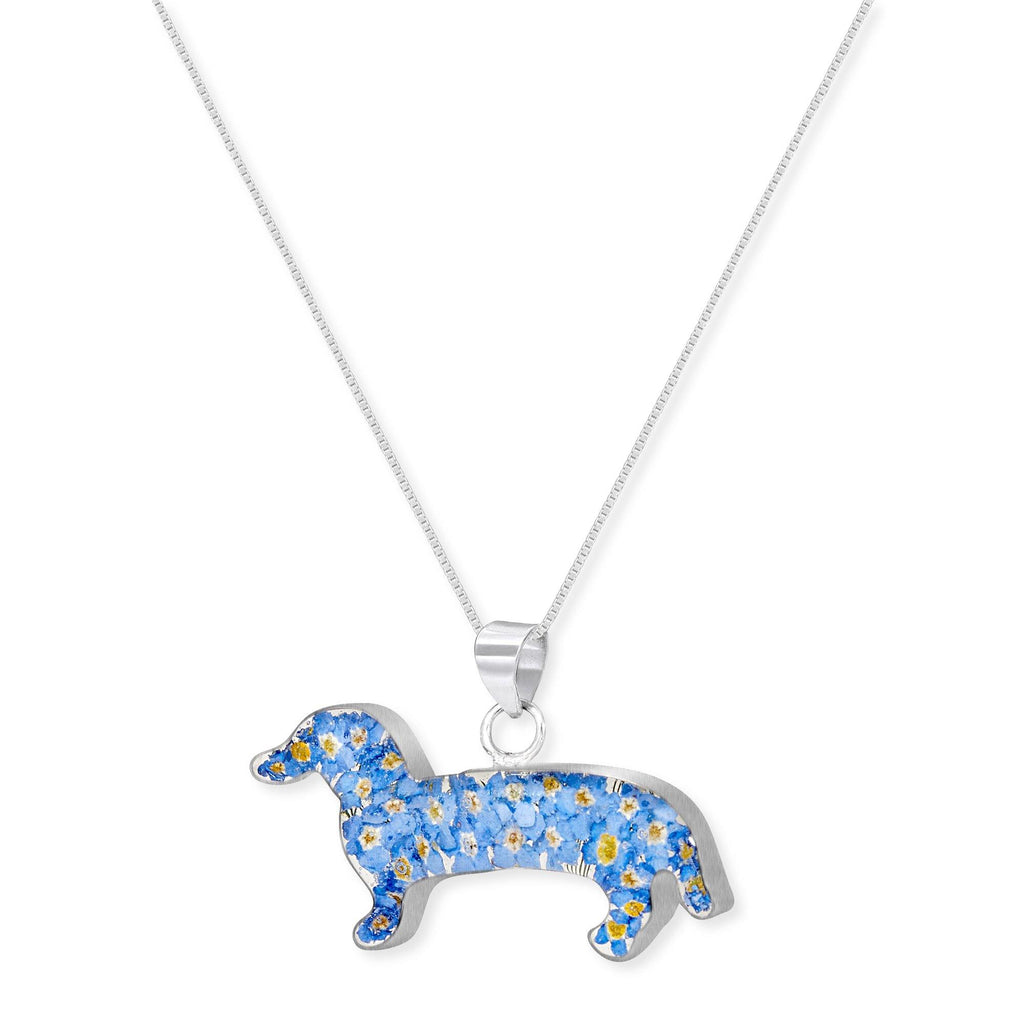 Sterling Silver Dachshund Pendant with Real Forget-Me-Not Flowers by Shrieking Violet