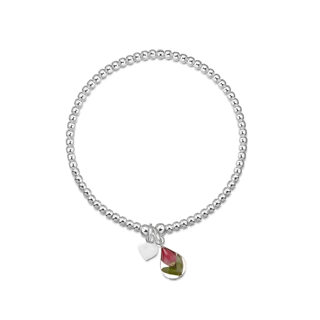 Sterling silver elasticated bead bracelet - Real red rose flower charm,- Sterling silver heart charm.