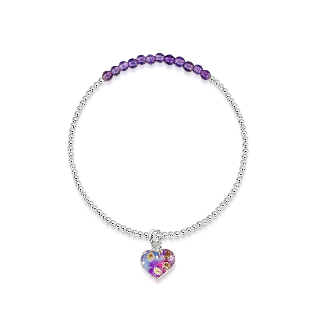 Sterling silver elasticated beaded bracelet - Amethyst stone - Purple haze - Heart