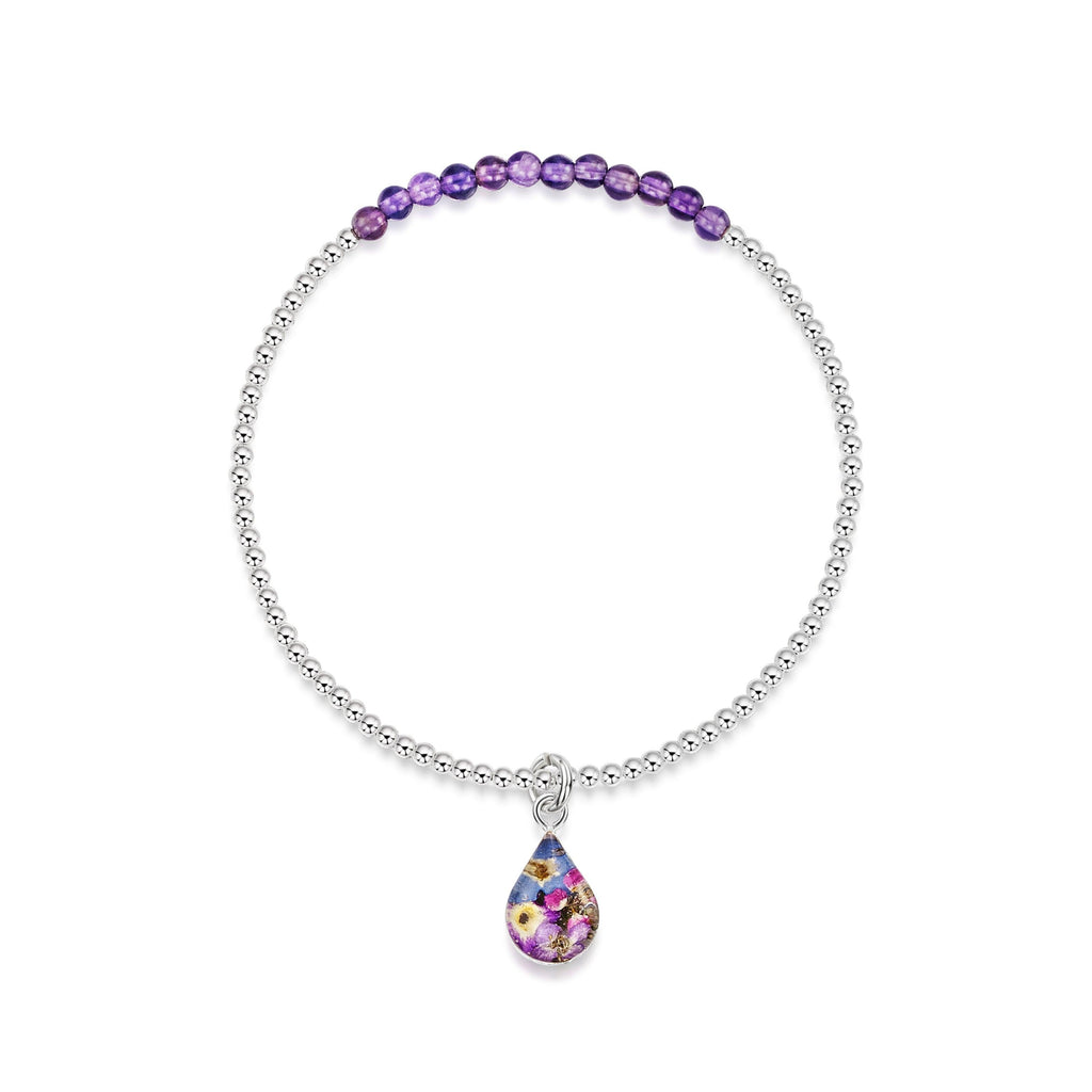 Sterling silver elasticated beaded bracelet - Amethyst stone - Purple haze - Teardrop