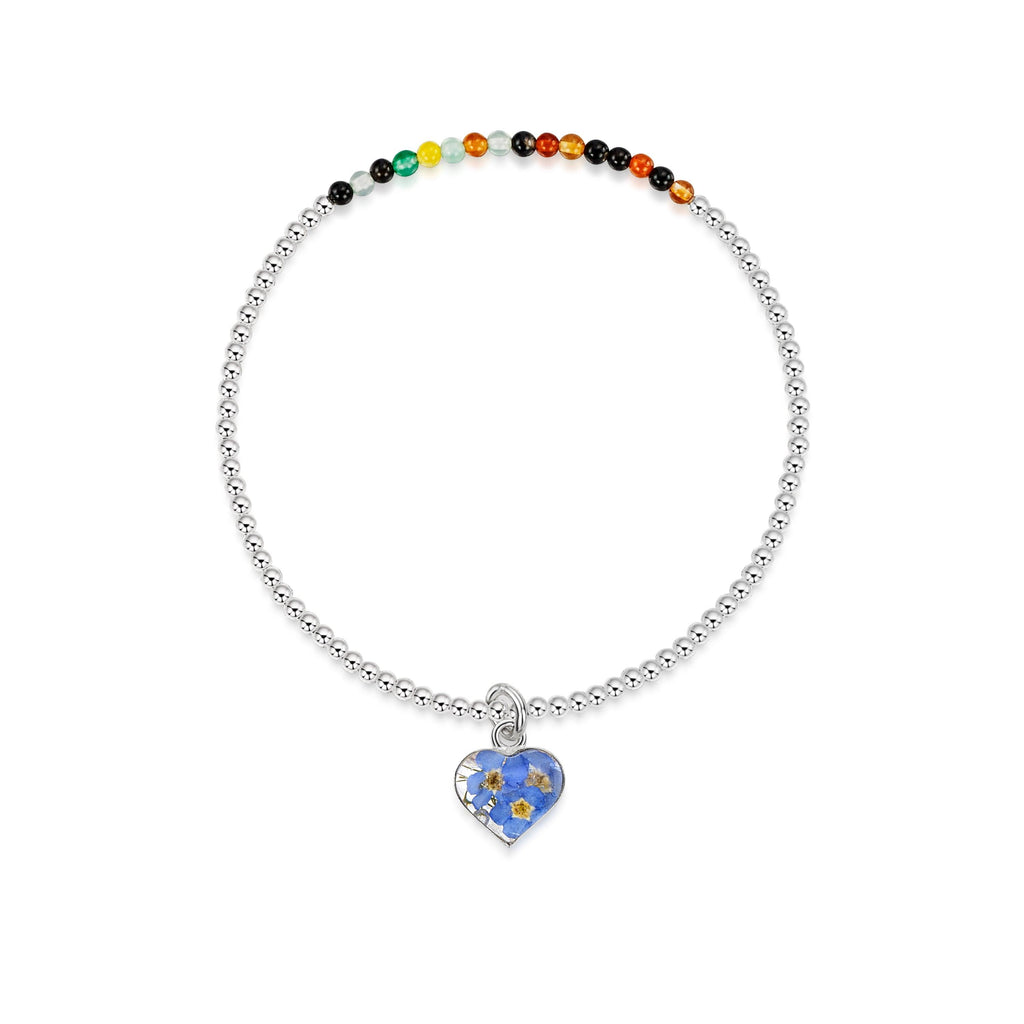 Sterling silver elasticated beaded bracelet - Mixed agate stone - Forget-me-not - Heart