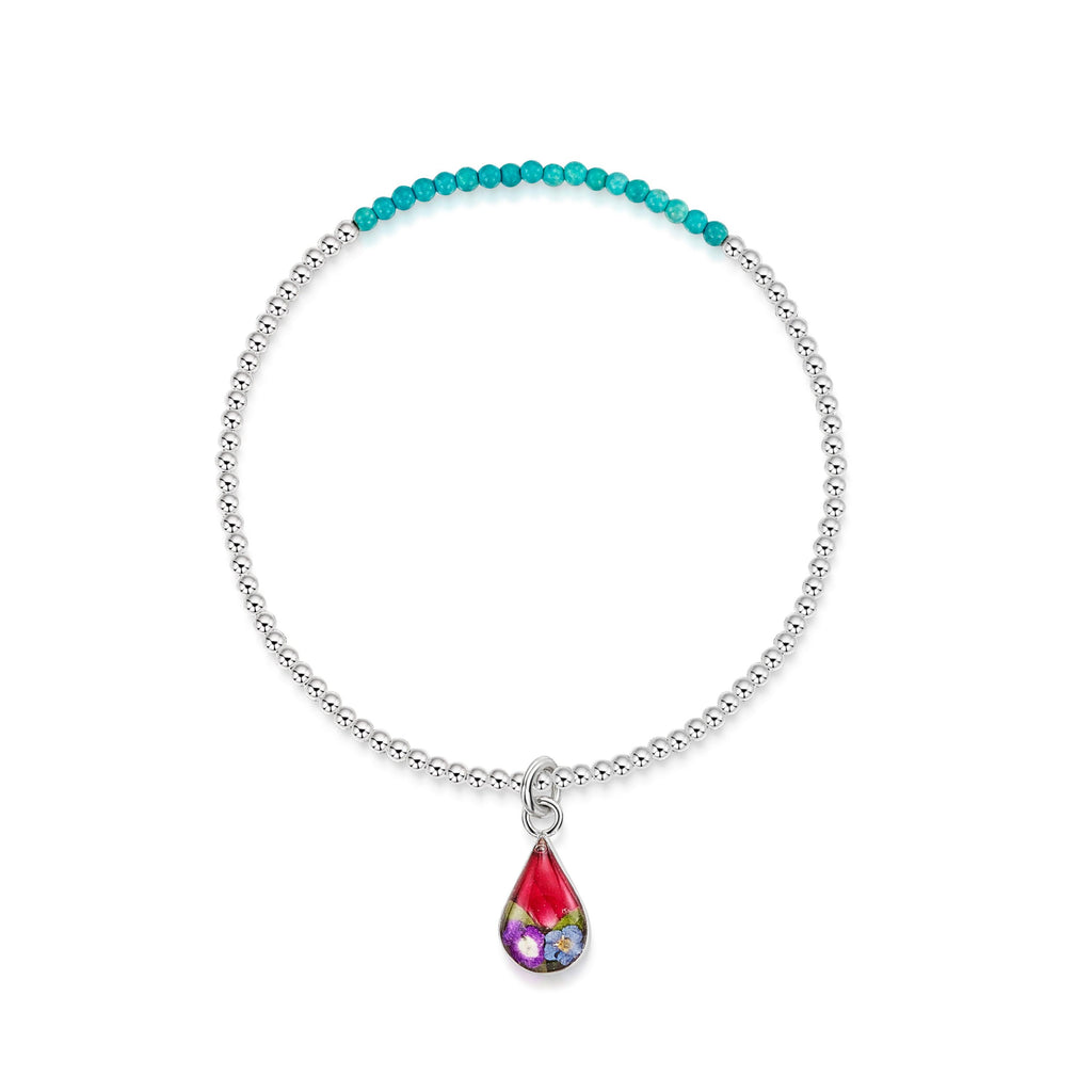 Sterling silver elasticated beaded bracelet - Turquoise stone - Mixed flower - Teardrop