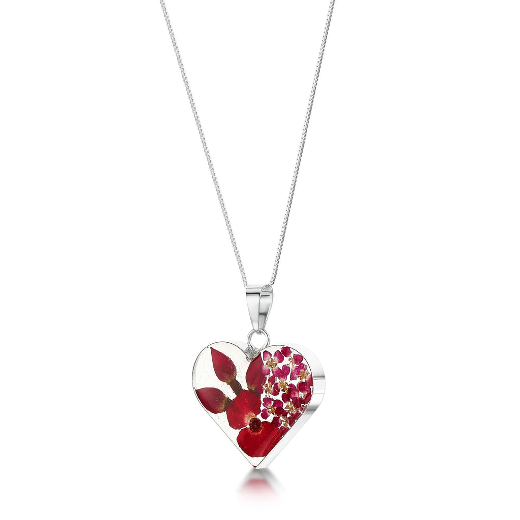 Sterling Silver heart necklace handmade with real flowers by Shrieking Violet - Bohemia collection - Poppy & Rose - Heart pendant with chain