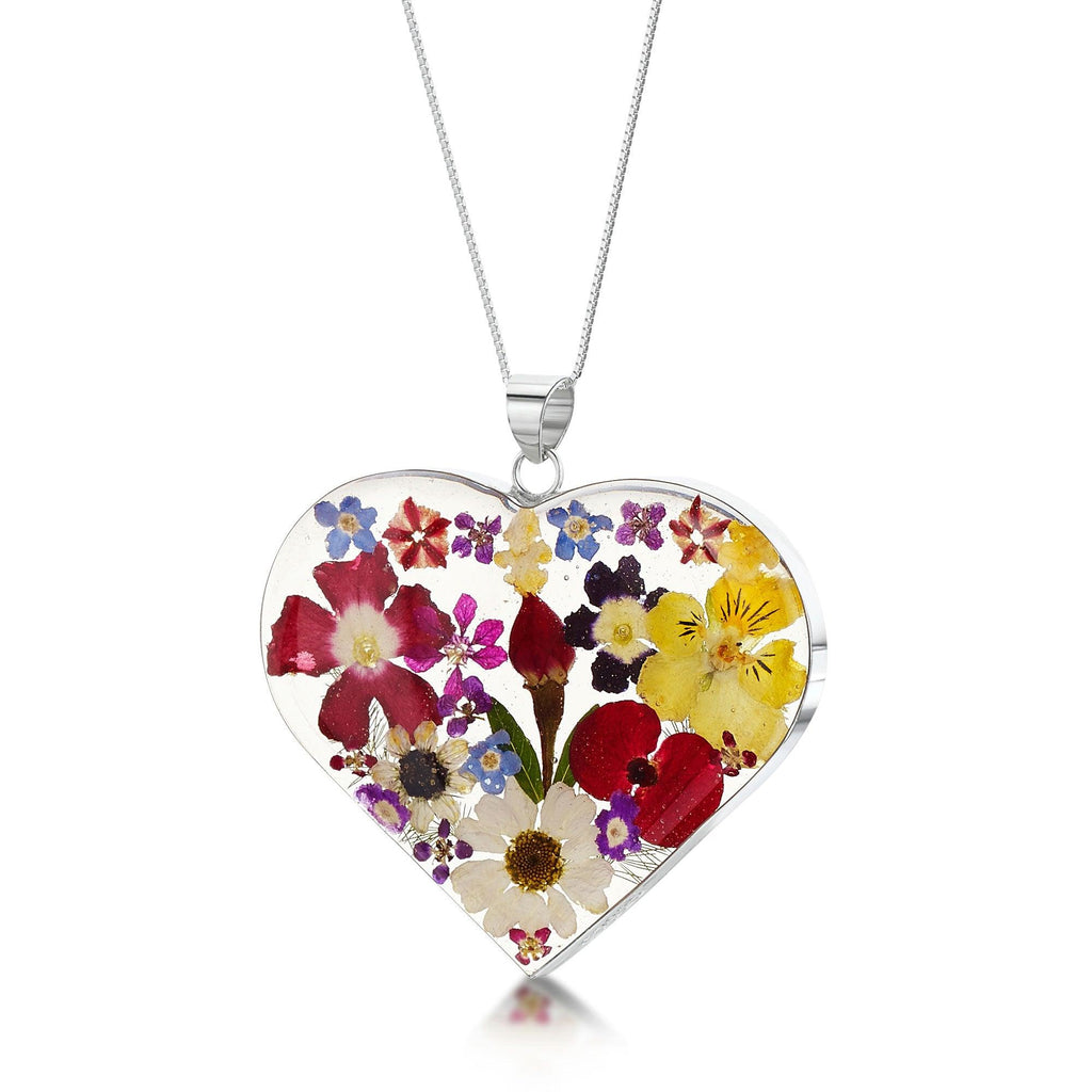 Shrieking Violet heart necklace with real flowers including rose, daisy, poppy, forget-me-not & sunflower. Statement jewellery for nature lovers