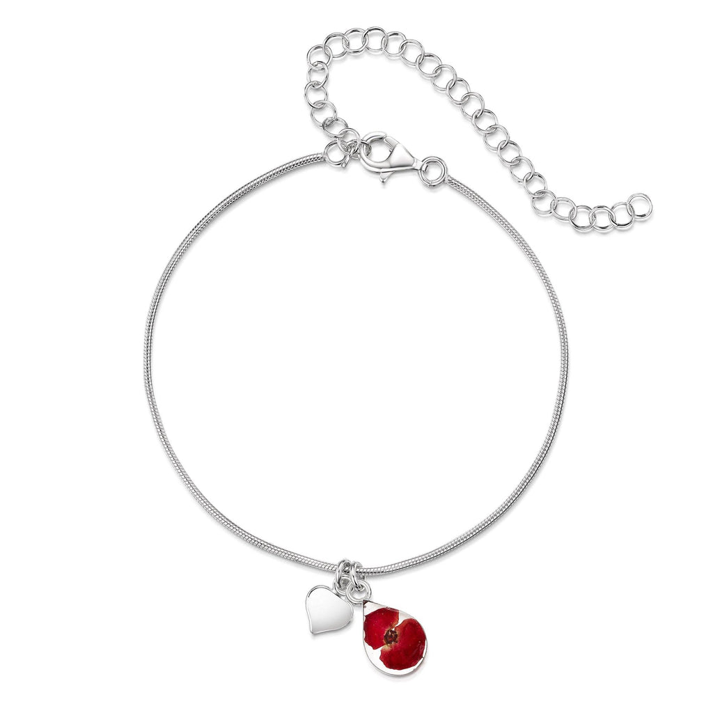 Sterling silver poppy snake chain anklet or bracelet with real flowers in a teardrop charm by Shrieking Violet