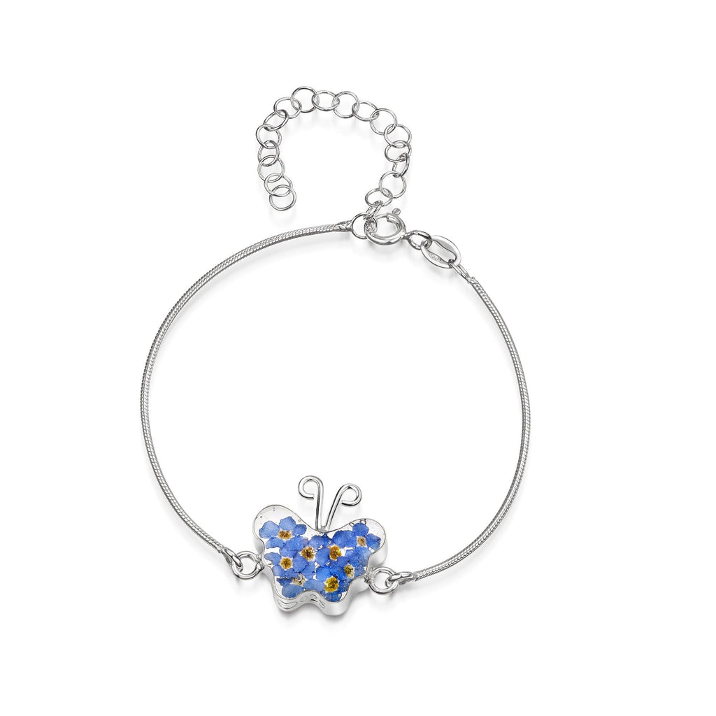 Sterling silver Rhodium plated snake bracelet with flower charm - Forget-me-not - Butterfly