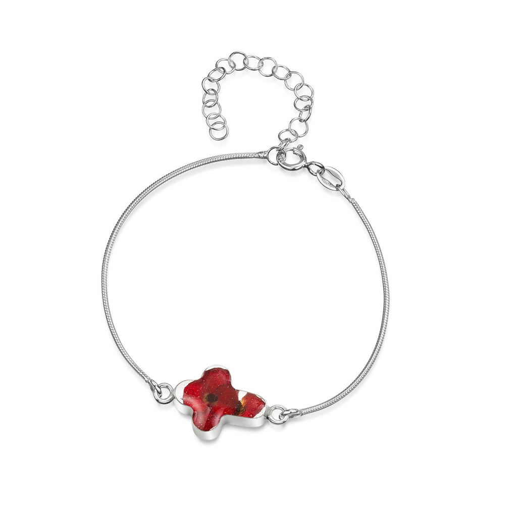 Sterling silver Rhodium plated snake bracelet with flower charm - Poppy - Cross