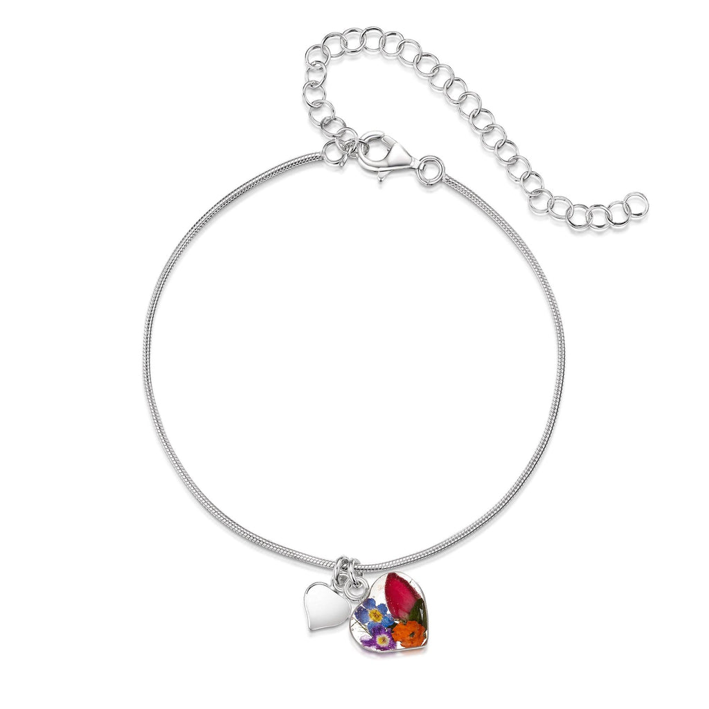 Sterling silver snake chain anklet or bracelet with real flowers in a heart charm by Shrieking Violet One size