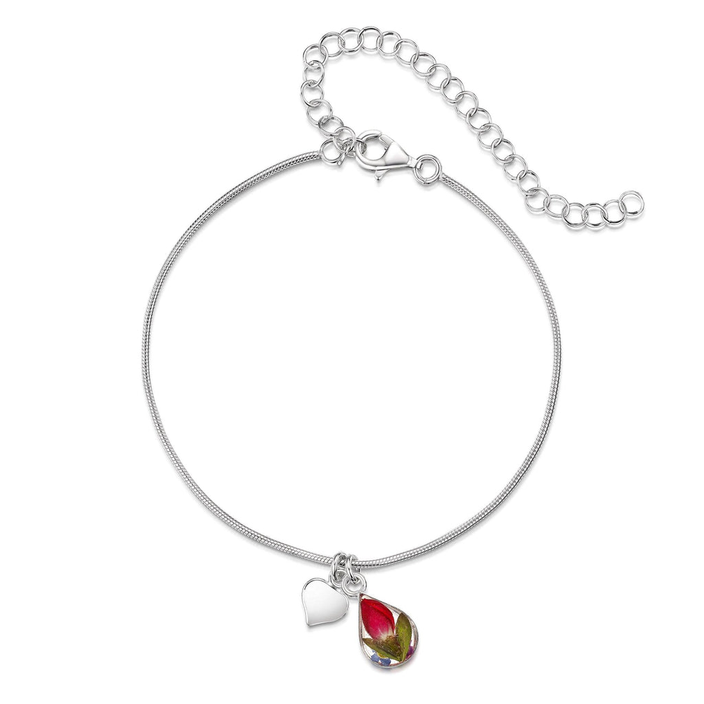 Sterling silver snake chain anklet or bracelet with real flowers in a teardrop charm by Shrieking Violet