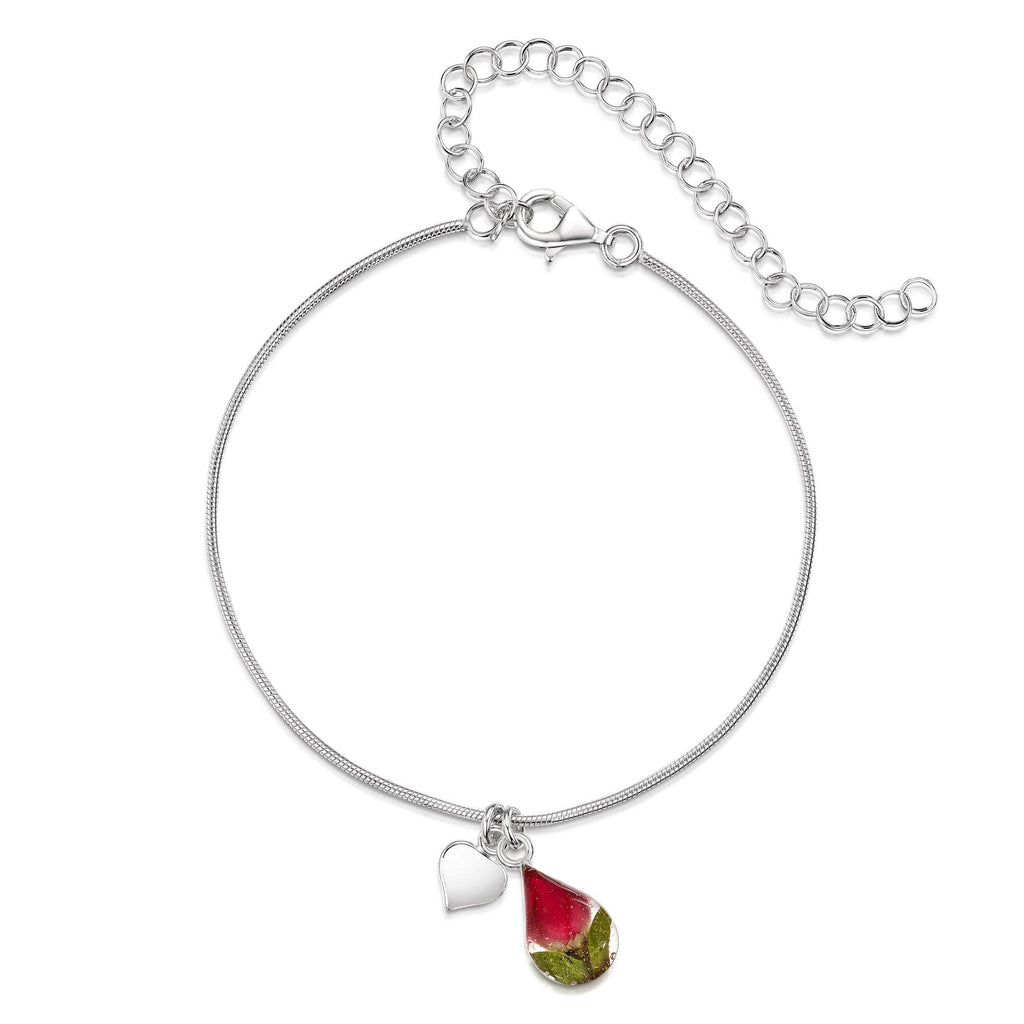 Sterling silver snake chain anklet or bracelet with real miniature rose flowers in a teardrop charm by Shrieking Violet