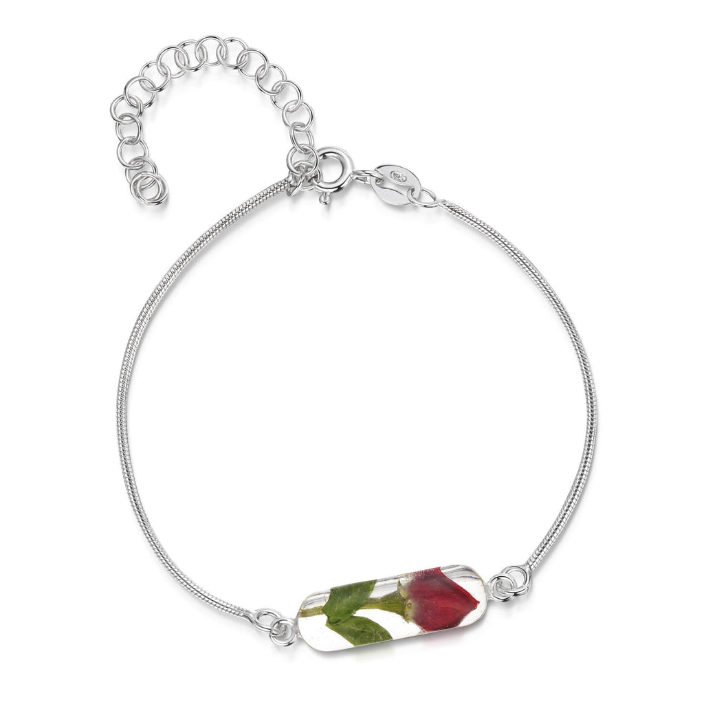 Sterling silver snake chain bracelet with rose bud charm