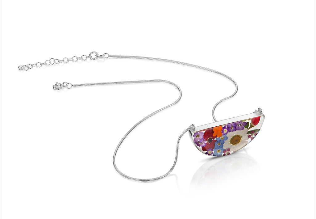 Sterling silver snake chain necklace | Mixed flowers | Half Moon