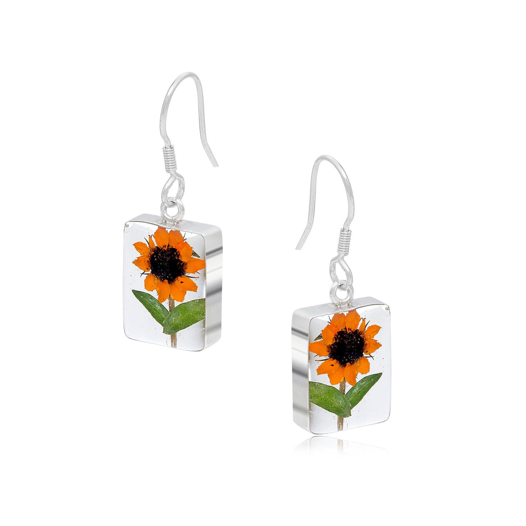 Sunflower earrings by Shrieking Violet® Sterling silver dangle drop earrings with real mini sunflowers. Ideal gift for a special friend, mum, wife