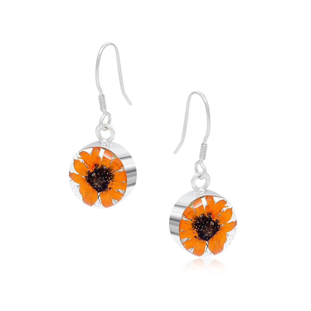 Sunflower jewellery by Shrieking Violet® Sterling silver dangle drop earrings with real mini sunflowers. Ideal gift for a special friend, mum, wife