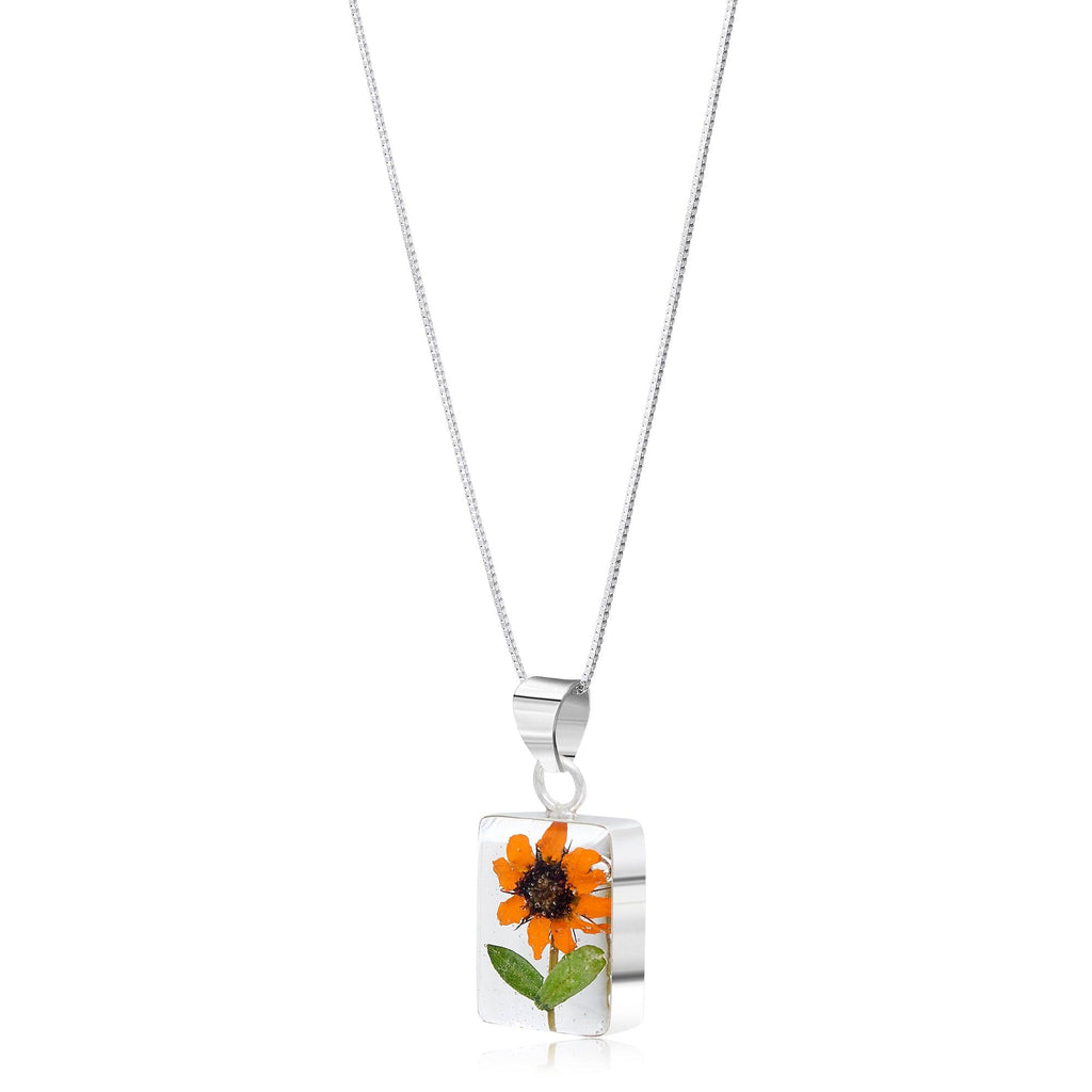 Sunflower necklace by Shrieking Violet® Sterling silver rectangle pendant with a real yellow sunflower (black-eyed susan). Funky flower jewellery
