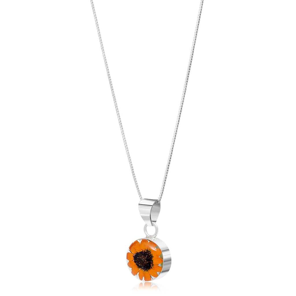 Sunflower necklace by Shrieking Violet® Sterling silver round pendant with a real yellow sunflower (black-eyed susan). Funky flower jewellery