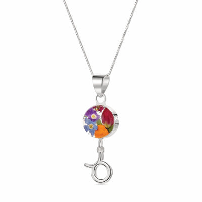 Taurus Necklace - Sterling silver pendant with real flowers & a zodiac charm. More Options...