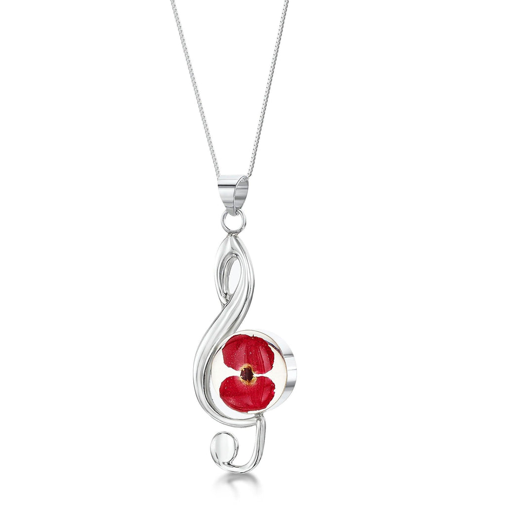 Treble clef musical note necklace with real flowers by Shrieking Violet Sterling silver pendant with a mini poppy flower. Ideal gift for musician.