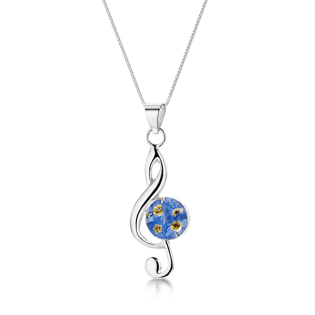 Treble clef musical note necklace with real forget-me-not flowers by Shrieking Violet Sterling silver pendant with 16-18 inch chain & giftbox. (m)