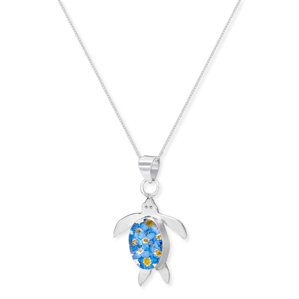 Turtle necklace by Shrieking Violet® Sterling silver turtle pendant full of real forget-me-nots. Handmade jewellery with real flowers.